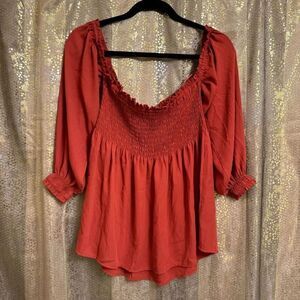Express Burnt Orange Off The Shoulder Smocked Chiffon Blouse Medium